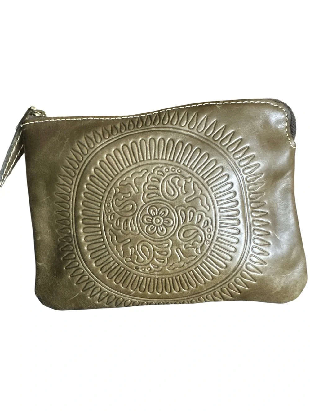 Patricia Nash Cassini Wristlet Leather Clutch in Brown with Embossed Medallion